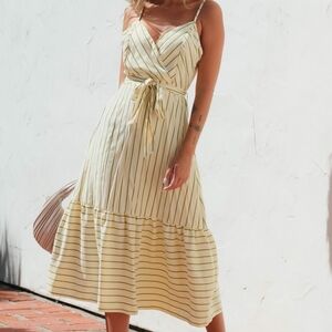 Olive Green Striped Cream Midi Dress Wrap Bodice Ruffle Hem-XL-Cupshe